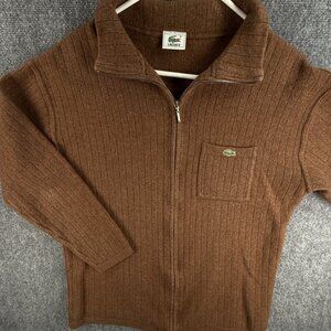 VTG Lacoste Men Sweater Knit Croc Logo Brown Wool Pocket Full Zip Up Ribbed